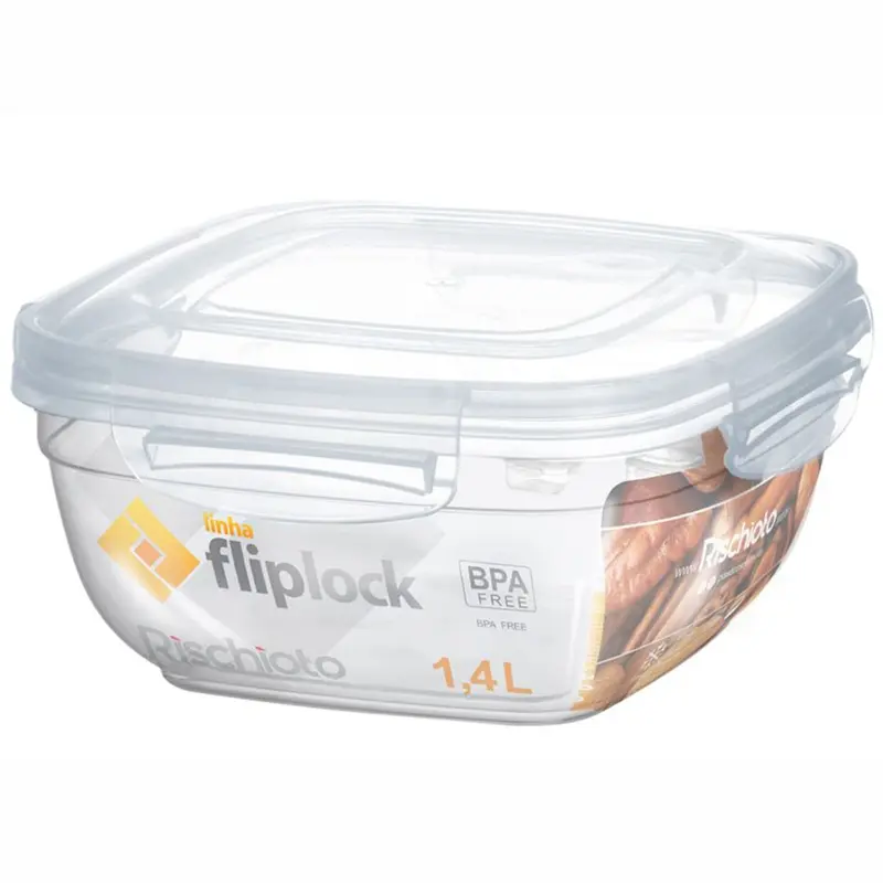 POTE DE PLASTICO QUADRADO FLIPLOCK COM TAMPA + TRAVA 1,4L