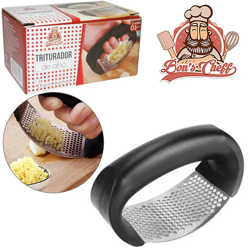 ESPREMEDOR / AMASSADOR DE ALHO DE INOX COM CABO DE PLASTICO PRETO 10,5X6,5X5,5CM BONS CHEFF NA CAIXA
