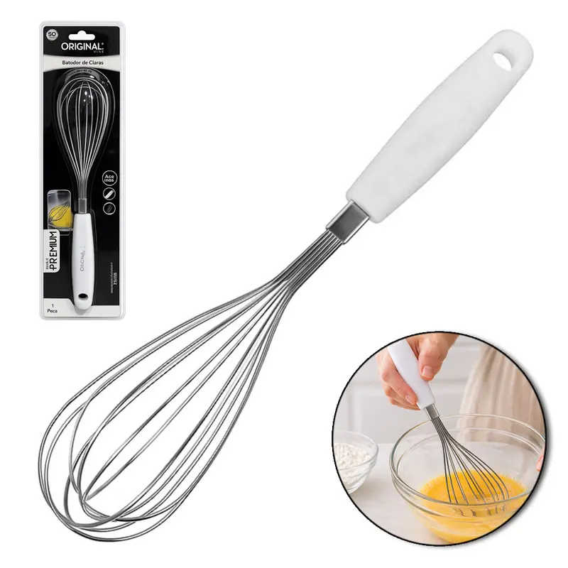BATEDOR DE CLARA FOUET MANUAL DE INOX PREMIUM CABO BRANCO 28CM NA CARTELA