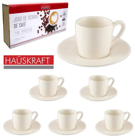 JOGO DE XICARA DE PORCELANA COM PIRES PARA CAFE BRANCA HAUSKRAFT 12 PECAS 90ML NA CAIXA