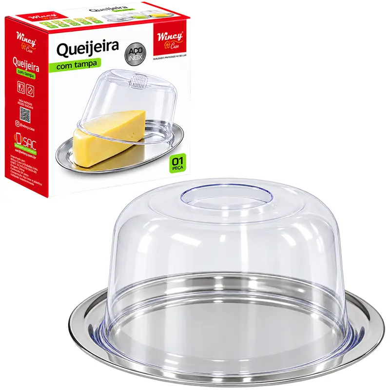 QUEIJEIRA DE INOX COM TAMPA DE ACRILICO 22CM DE Ø NA CAIXA