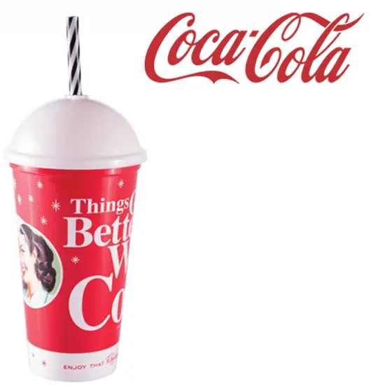 COPO COM TAMPA E CANUDO DE PLASTICO SHAKE COCA COLA 500ML