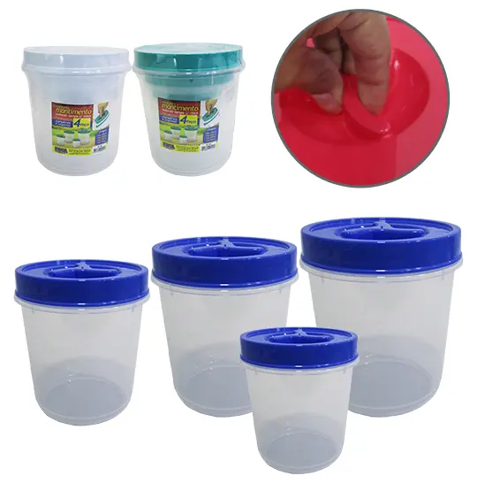 CONJUNTO DE POTE DE PLASTICO REDONDO PARA MANTIMENTOS COM TAMPA DE ROSCA COLORS 4 PECAS
