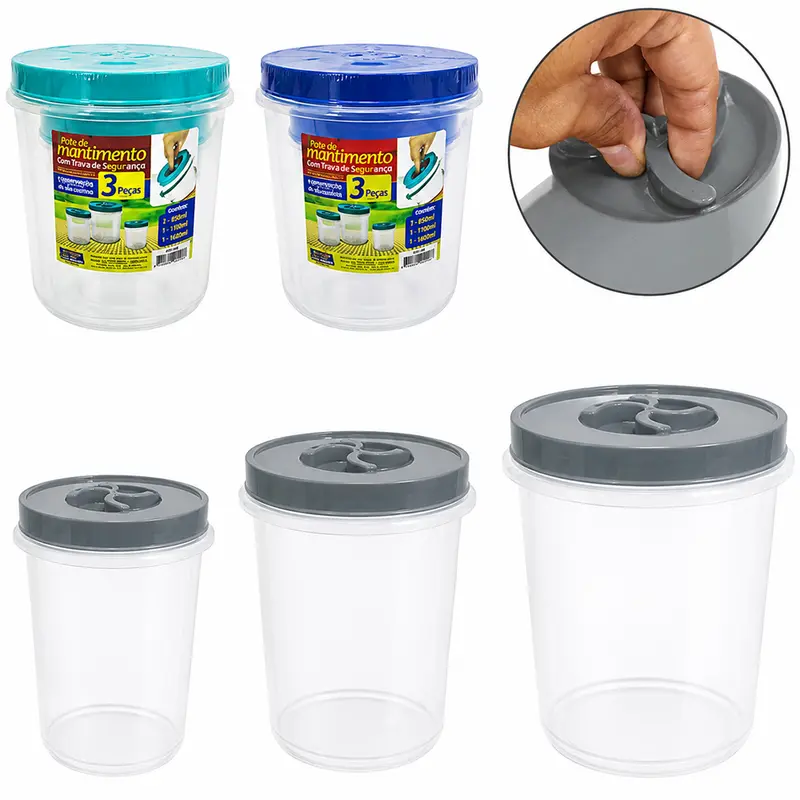 CONJUNTO DE POTE DE PLASTICO REDONDO PARA MANTIMENTOS COM TAMPA DE ROSCA COLORS 3 PECAS PMG