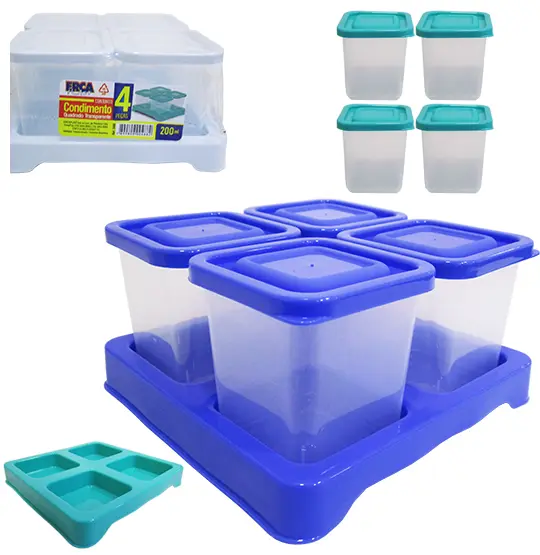 PORTA CONDIMENTO DE PLASTICO COM 4 PECAS + SUPORTE COLORS