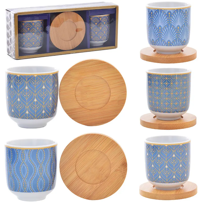 JOGO DE XICARA DE PORCELANA COM PIRES DE BAMBU PARA CAFE 4 PECAS 110ML