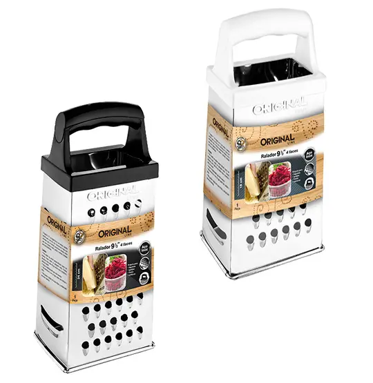 RALADOR DE INOX 4 FACES COM PEGADOR PRETO / BRANCO 9,5''
