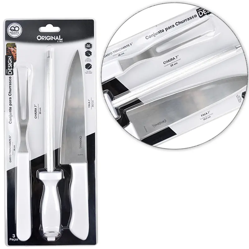 CONJUNTO DE FACA DE CHURRASCO 7'' + GARFO 5'' + CHAIRA 7'' DE INOX CABO PLASTICO BRANCO COOK