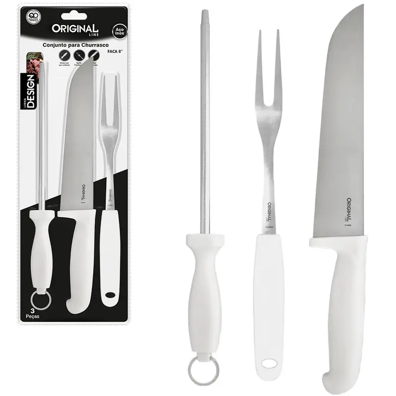 CONJUNTO DE FACA DE CHURRASCO 8'' + GARFO 7'' + CHAIRA 8'' DE INOX CABO PLASTICO BRANCO PANTANAL
