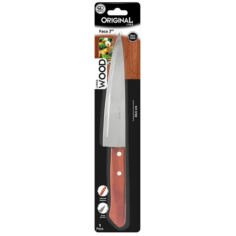 FACA DE CARNE / PEIXEIRA DE INOX 7'' CABO MADEIRA WOOD NA CARTELA