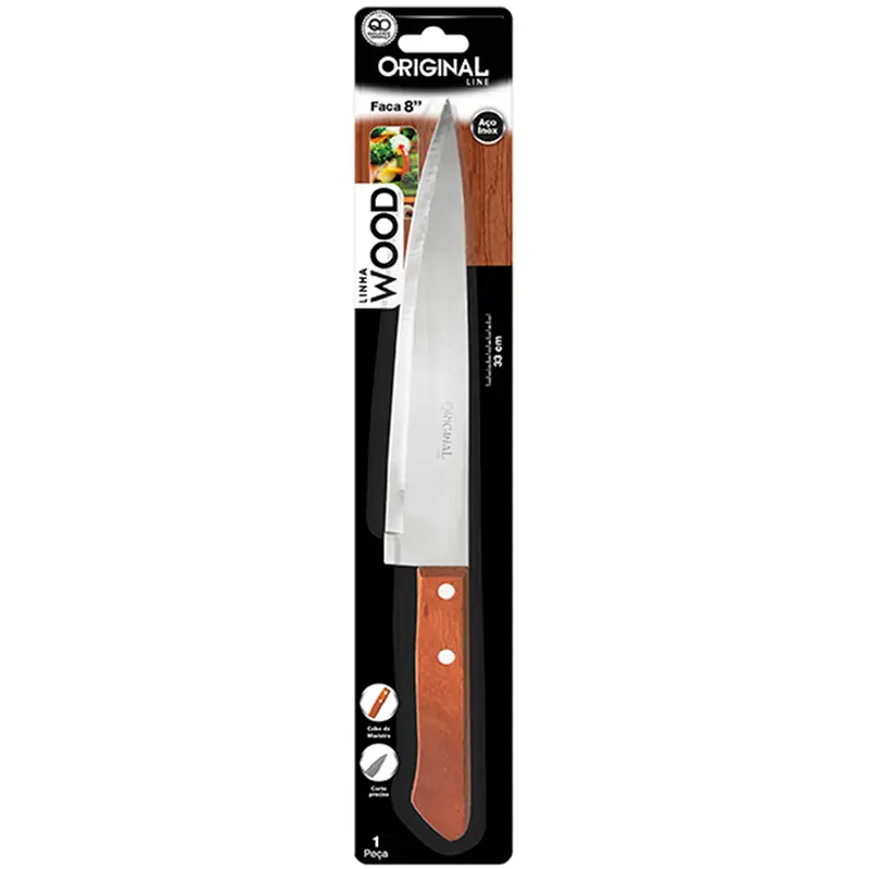 FACA DE CARNE / PEIXEIRA DE INOX 8'' CABO MADEIRA WOOD NA CARTELA