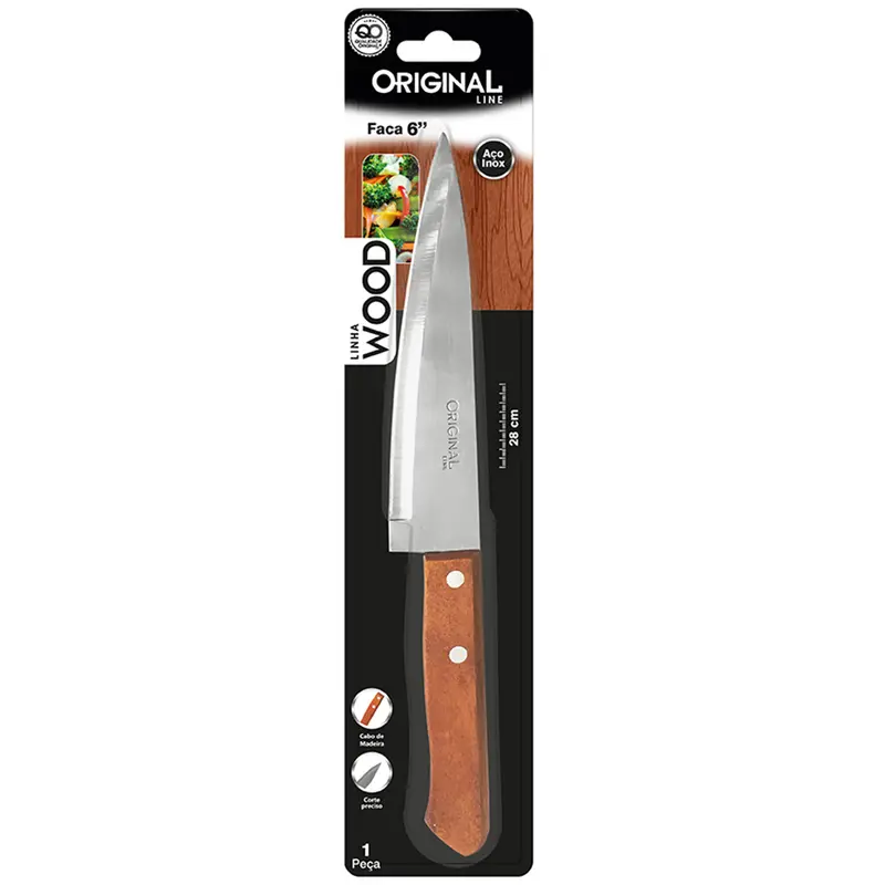FACA DE CARNE / PEIXEIRA DE INOX 6'' CABO MADEIRA WOOD NA CARTELA