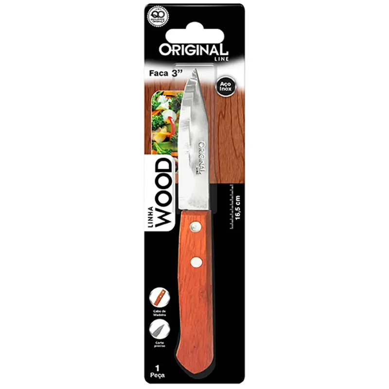 FACA DE LEGUMES DE INOX 3'' CABO MADEIRA WOOD NA CARTELA