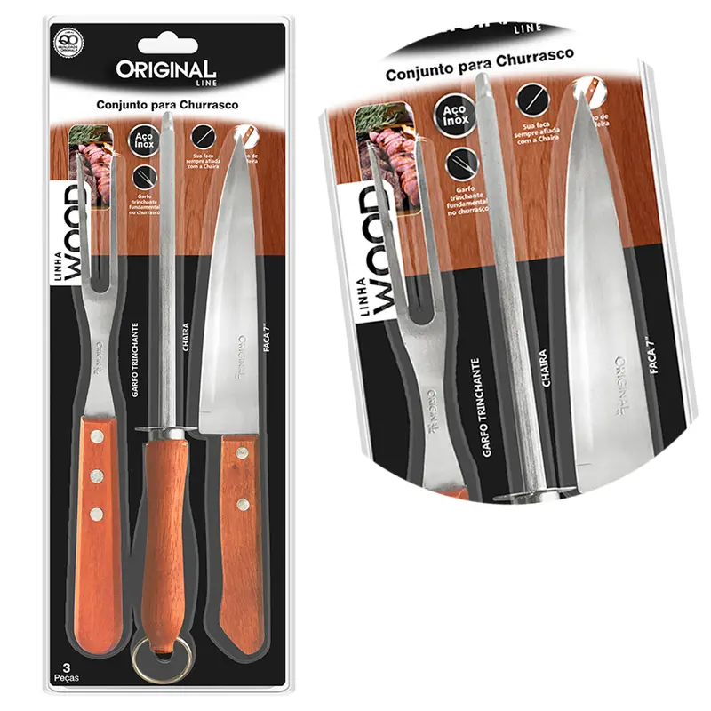 CONJUNTO DE FACA DE CHURRASCO 7'' + GARFO 5'' + CHAIRA 7'' DE INOX CABO MADEIRA WOOD