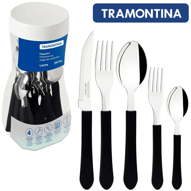 CONJUNTO DE TALHERES / FAQUEIRO DE INOX COM 20 PECAS CABO PRETO LEME NO POTE