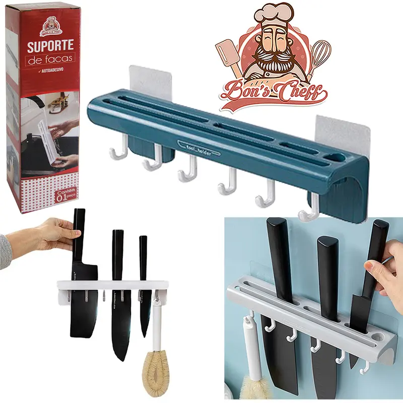 SUPORTE PRATELEIRA ORGANIZADOR DE PAREDE DE PLASTICO PARA FACAS COM 6 GANCHOS AUTOADESIVO 25,5X6X5CM BONS CHEFF