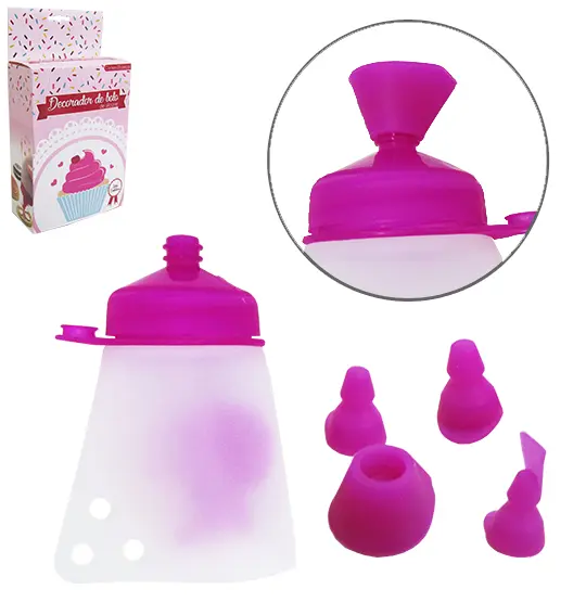 DECORADOR DE BOLO BISNAGA DE PLASTICO COM TAMPA + 4 BICOS DE SILICONE LINHA CONFEITEIRO