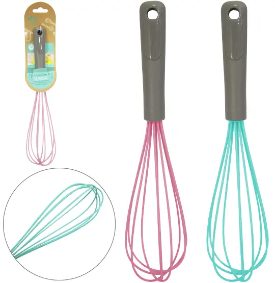BATEDOR DE CLARA FOUET MANUAL DE SILICONE CABO PLASTICO COLORS 30X7CM NA CARTELA