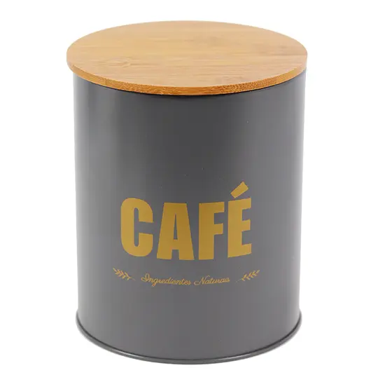 POTE DE LATA REDONDO PRETO PARA CAFE COM TAMPA TIPO MADEIRA / BAMBU 1,2L