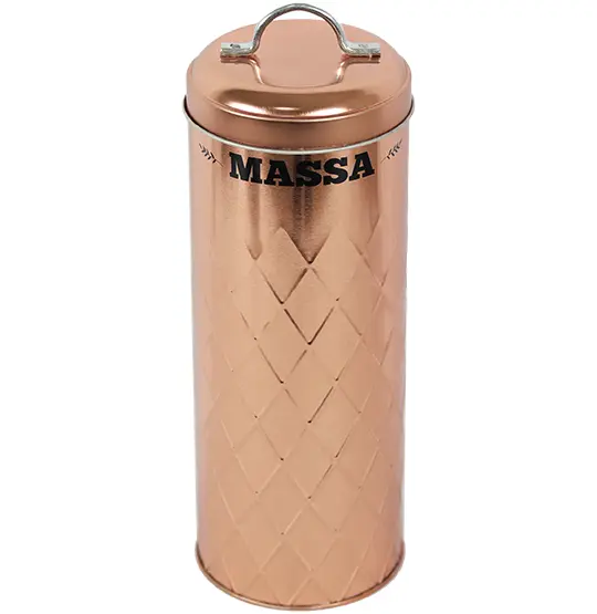 POTE DE LATA REDONDO METALIZADO COBRE / ROSE GOLD PARA MACARRAO / MASSA COM TAMPA + ALCA 2,6L