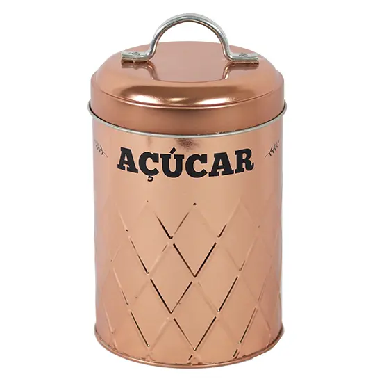 POTE DE LATA REDONDO METALIZADO COBRE / ROSE GOLD PARA ACUCAR COM TAMPA + ALCA 1,5L