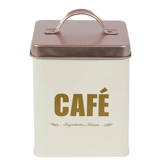 POTE DE LATA QUADRADO BRANCO PARA CAFE COM TAMPA + ALCA METALIZADO ROSE GOLD 1,7L