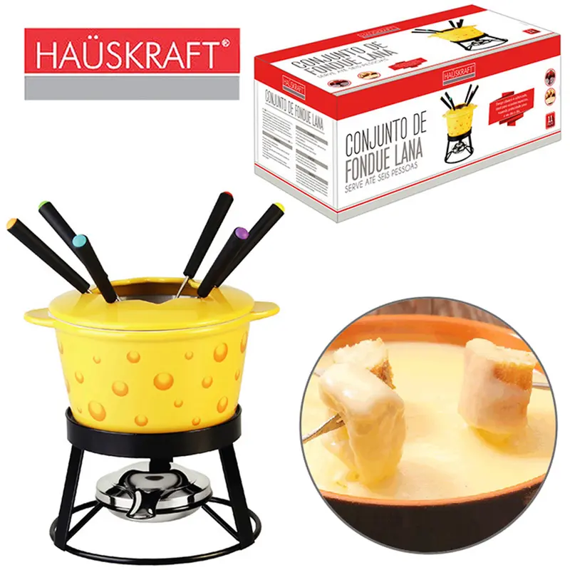 JOGO DE FONDUE DE PORCELANA LANA COM 6 GARFOS / PANELA / SEPARADOR / SUPORTE HAUSKRAFT 1L