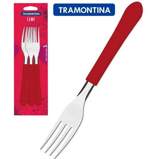GARFO DE MESA DE INOX CABO VERMELHO COM 3 PECAS LEME