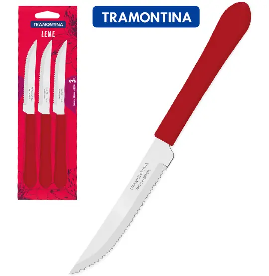 FACA DE CHURRASCO DE INOX 4'' CABO VERMELHO COM 3 PECAS LEME
