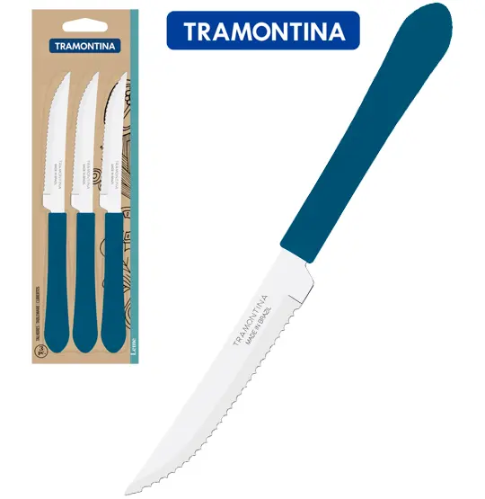 FACA DE CHURRASCO DE INOX 4'' CABO AZUL CLARO COM 3 PECAS LEME