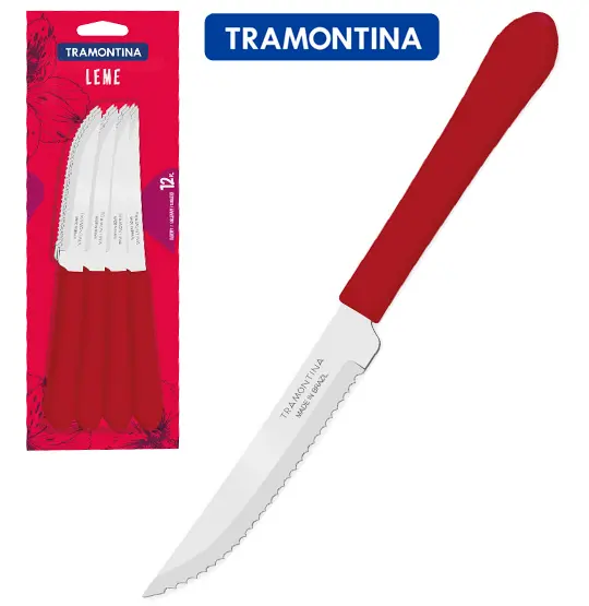 FACA DE CHURRASCO DE INOX 4'' CABO VERMELHO COM 12 PECAS LEME