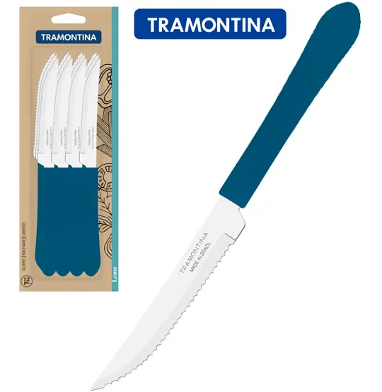 FACA DE CHURRASCO DE INOX 4'' CABO AZUL CLARO COM 12 PECAS LEME