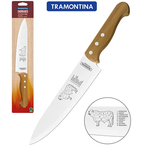 FACA DE CARNE / PEIXEIRA DE INOX 8'' CABO MADEIRA CHURRASCO NA CARTELA