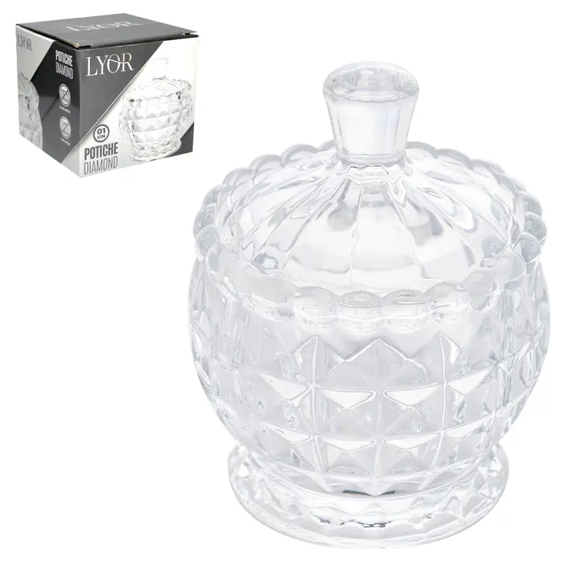 BOMBONIERE DE VIDRO CRISTAL COM TAMPA DIAMOND 10X8CM DE Ø NA CAIXA