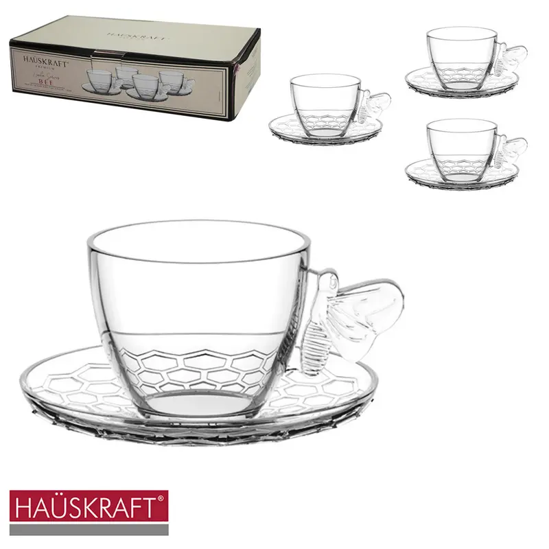 JOGO DE XICARA DE VIDRO COM PIRES PARA CAFE ABELHA LINHA SERVIR BEE HAUSKRAFT PREMIUM 8 PECAS 80ML
