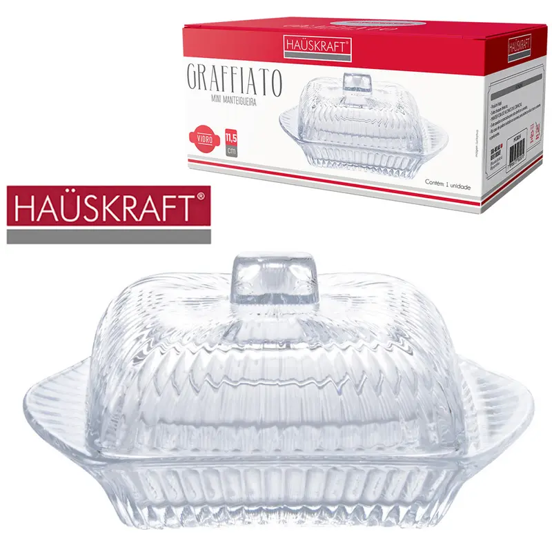 MINI MANTEIGUEIRA DE VIDRO RETANGULAR GRAFFIATO HAUSKRAFT COM TAMPA 50ML 11,5X7X5,5CM