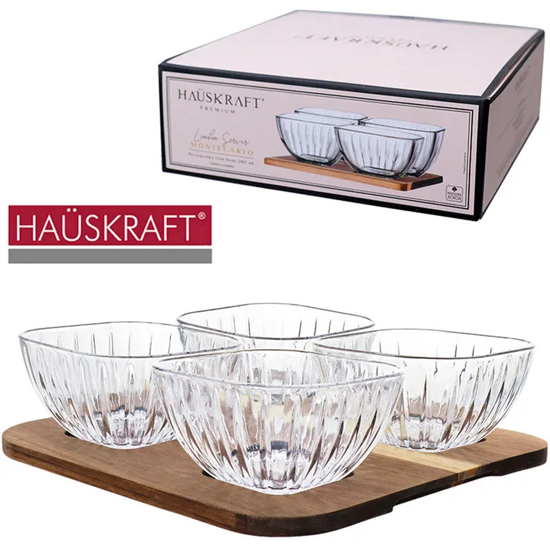 CONJUNTO DE PETISQUEIRA DE VIDRO CRISTAL COM 4 PECAS + BASE BANDEJA DE MADEIRA LINHA SERVIR MONTECARLO PREMIUM