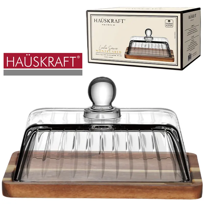 MANTEIGUEIRA MADEIRA ACACIA RETANGULAR COM TAMPA DE VIDRO CRISTAL CANELADO LINHA SERVIR MONTECARLO PREMIUM