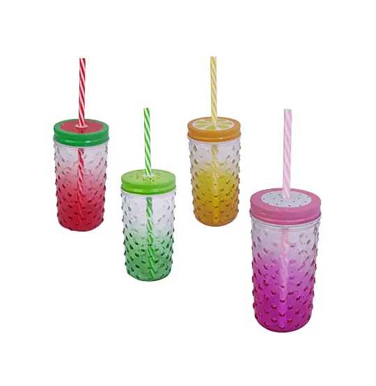 COPO COM TAMPA E CANUDO DE VIDRO/METAL DEGRADE COLORS 400ML