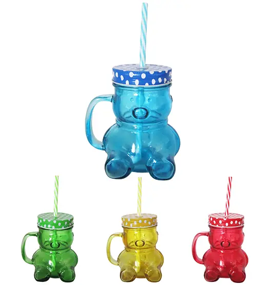 CANECA COM TAMPA E CANUDO DE VIDRO / METAL URSO POA COLORS 450ML