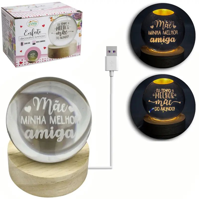 ENFEITE LUMINOSO DECORATIVO ESFERA DE VIDRO FRASES MAES USB 8X6CM DE Ø