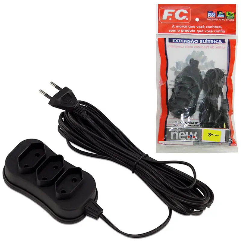 EXTENSAO PRETA 3M COM 3 TOMADAS BIPOLAR BIVOLT NEW CABO PARALELO