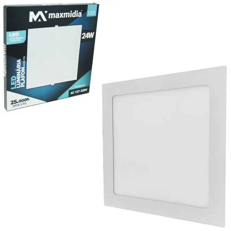 LUMINARIA PAINEL QUADRADO EMBUTIR LED 24W 6500K BRANCA FRIA BIVOLT MAXMIDIA 29,1CM