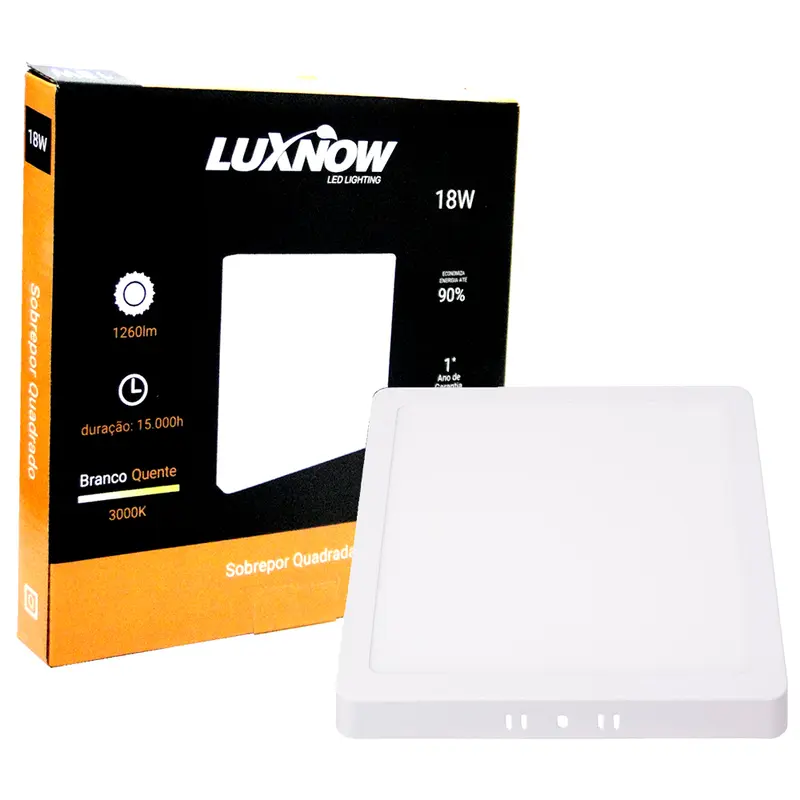 LUMINARIA PAINEL QUADRADO SOBREPOR LED 18W 3000K BRANCA QUENTE BIVOLT LUXNOW