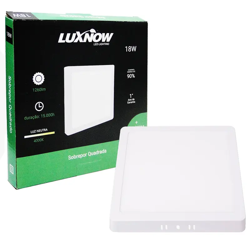 LUMINARIA PAINEL QUADRADO SOBREPOR LED 18W 4000K BRANCA NEUTRA BIVOLT LUXNOW