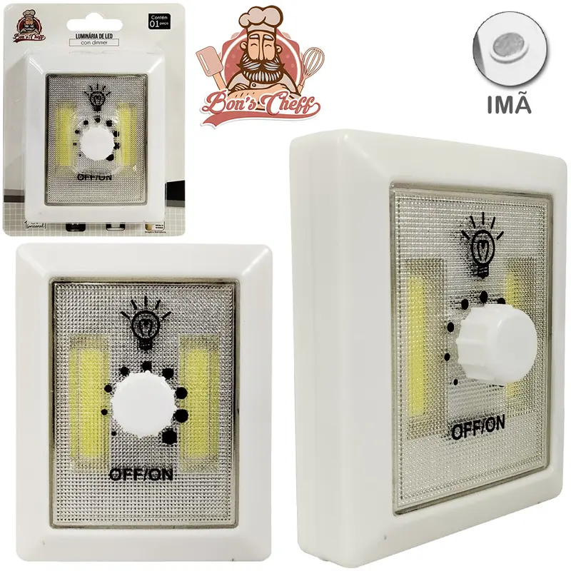 LUMINARIA DE LED RETANGULAR MAGNETICO COM DIMMER A PILHA 8,5X7CM