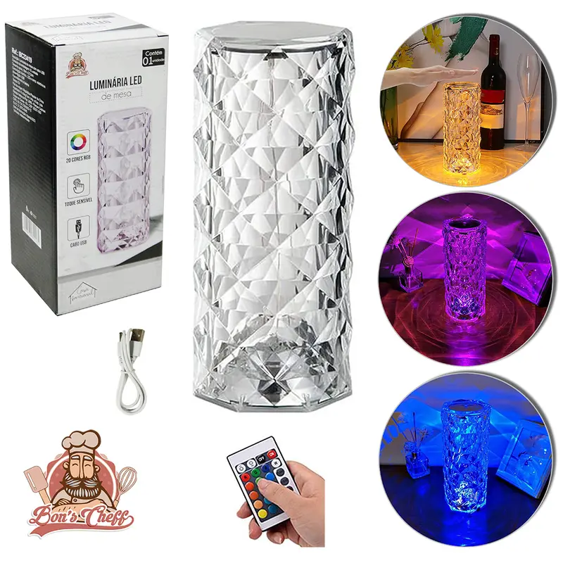 LUMINARIA DE MESA REDONDA ACRILICA TOUCH RECARREGAVEL + CABO USB 21,5X9CM DE Ø