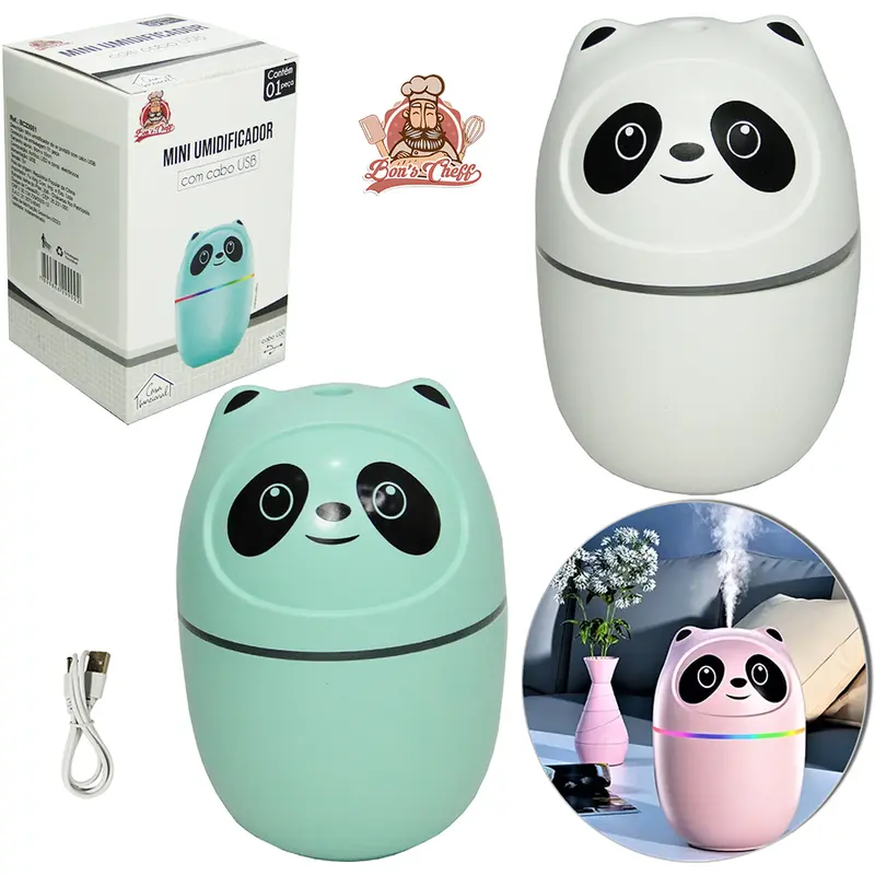 UMIDIFICADOR PARA AMBIENTES PANDA COM LUZ + CABO USB 180ML 10X6CM