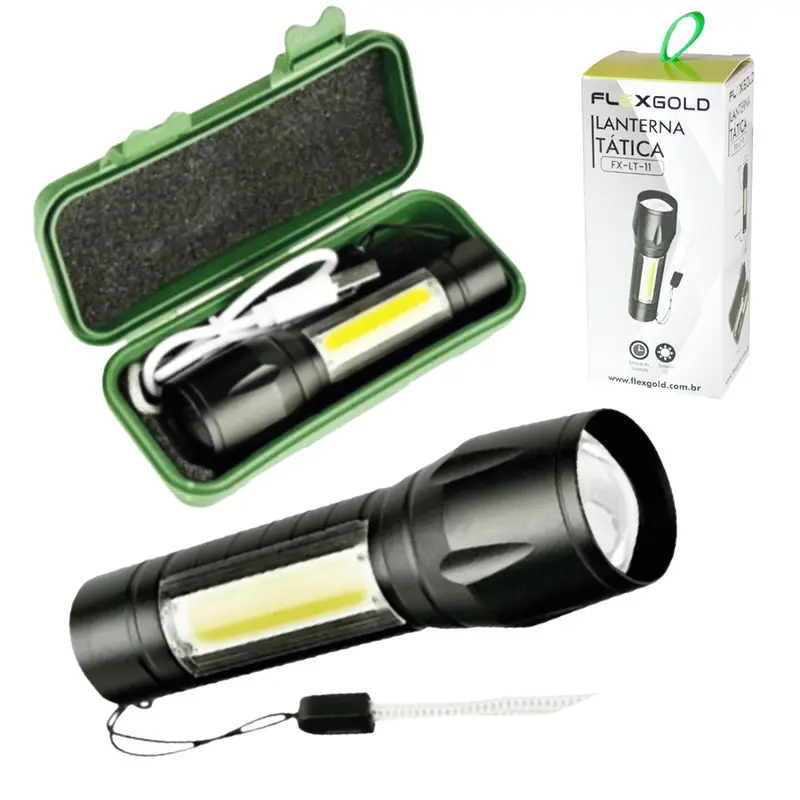 LANTERNA TATICA RECARREGAVEL 2000 LUMENS 8 LEDS + CHIP INTEGRADO XM-G Q5 COB + FOCO REGULAVEL CABO USB FLEX GOLD