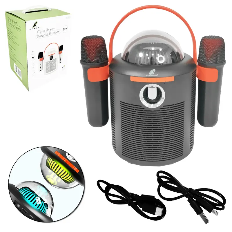 CAIXA DE SOM KARAOKE BLUETOOTH / AUX / TF COM 2 MICROFONES 30W BIVOLT X-CELL